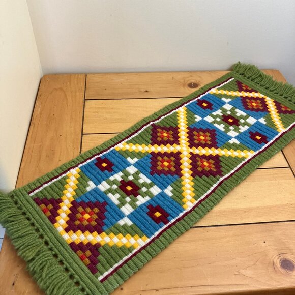 Scandinavian Hand Embroidered Small Table Runner Vintage Geometric & Fringe Ends - Picture 1 of 6